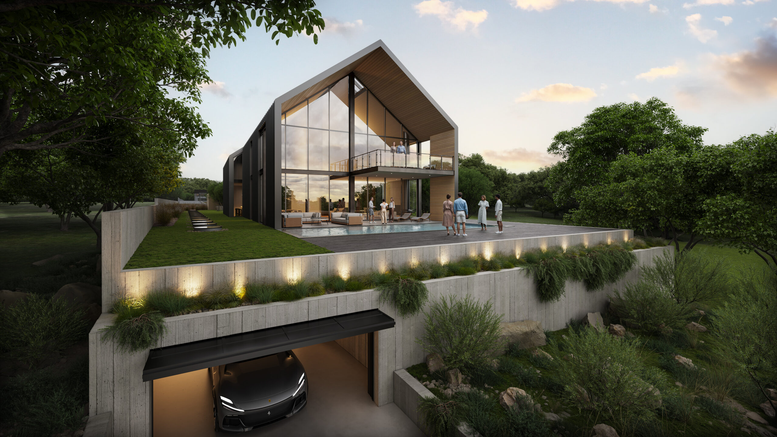 James Bond-inspired modern home with luxury car, glass, and metal elements in wilmington, nc