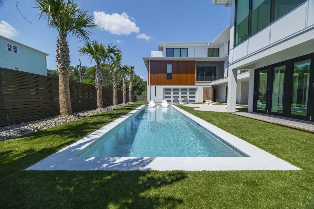 Lap pool in an intimate modern home courtyard.