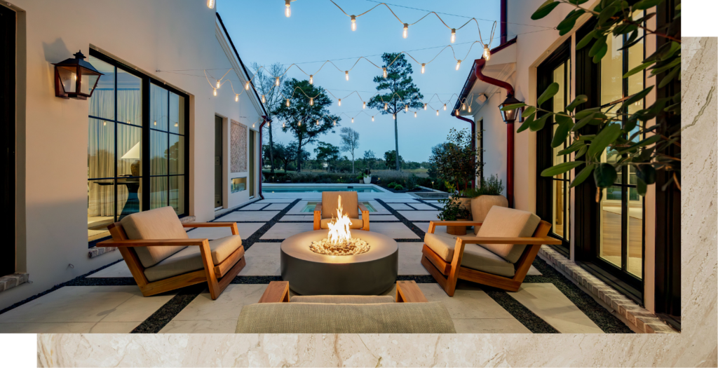 Luxurious fire pit set up at a Tongue & Groove custom home in Landfall, in Wilmington, NC.