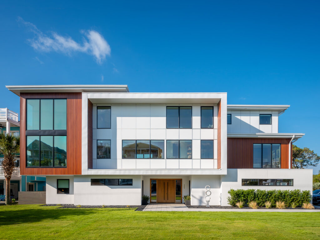 Boxy modern-coastal home designed and built in Carolina Beach, NC by Tongue & Groove.
